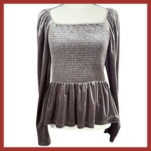 GAP Velvet‎ Smocked Peplum Top Square Neck Long Sleeve Brown Noir Size M